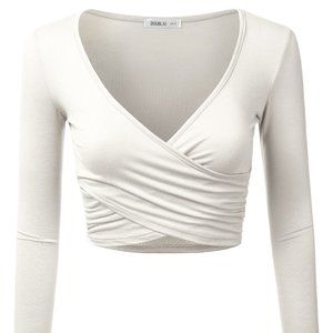 Doublju Long Sleeve Surplice Wrap Crop Top White Medium